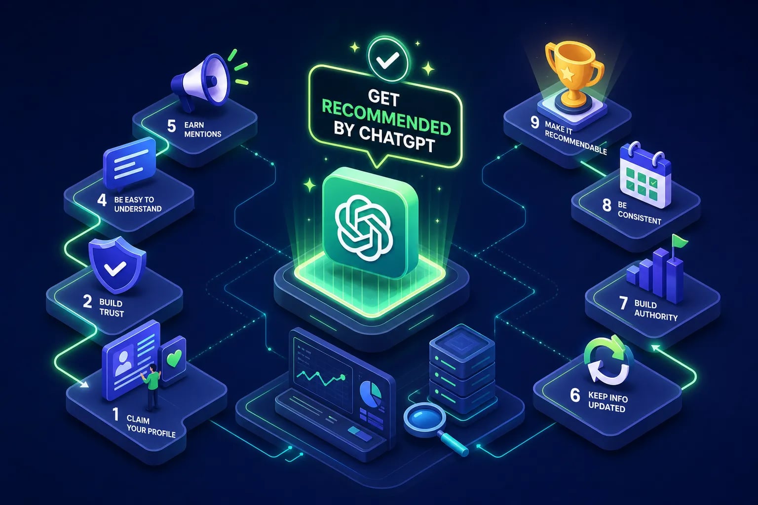 Isometric infographic showing nine steps around a central glowing ChatGPT icon, titled 'Get Recommended by ChatGPT'.