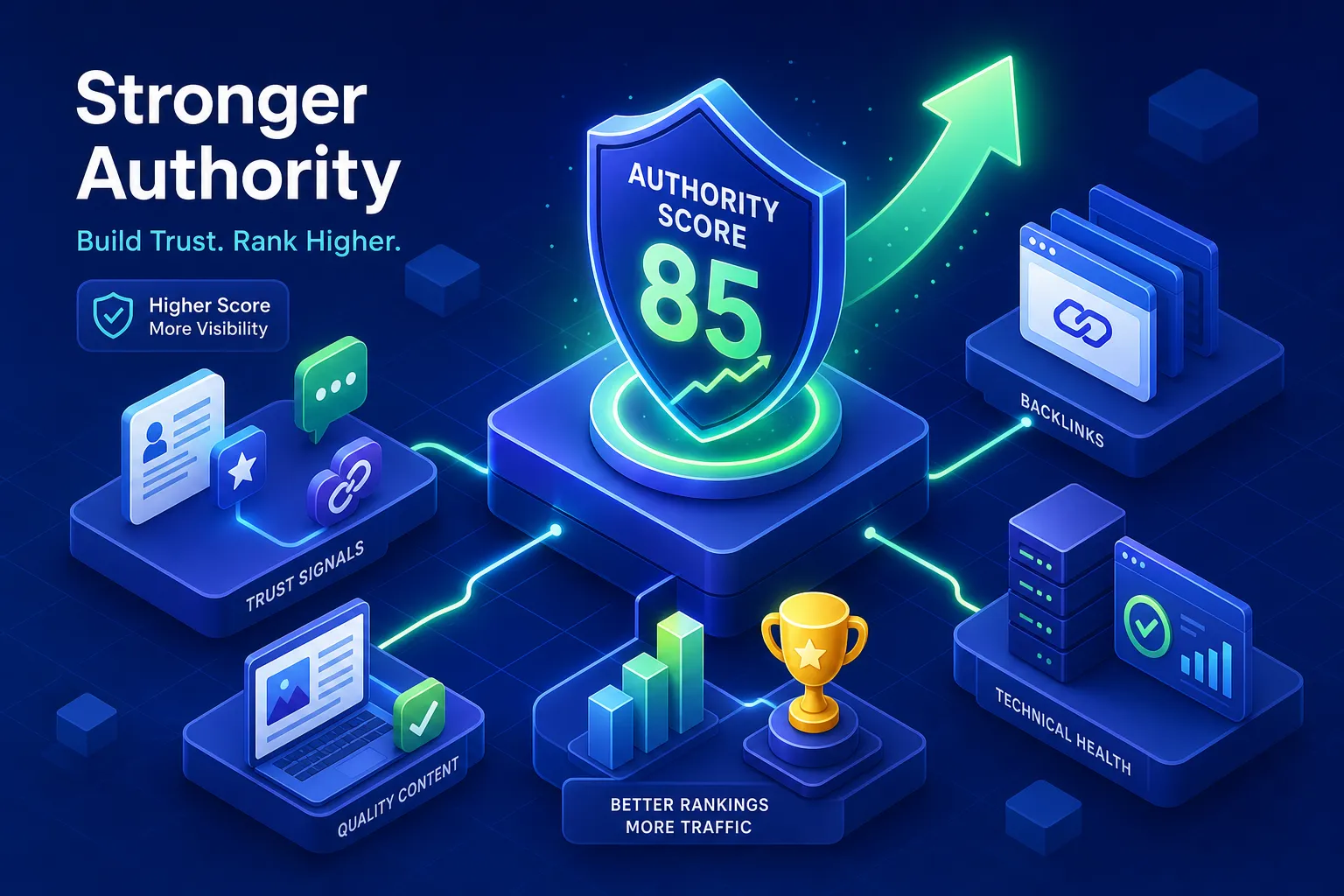 Central shield labeled Authority Score 85 with a glowing green upward arrow, connected to modules for Trust Signals, Backlinks, Quality Content, Technical Health, and Better Rankings.