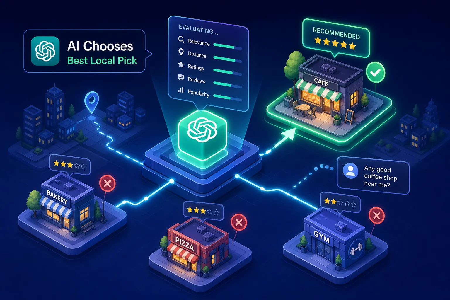 Isometric AI-powered map showing a central hub that evaluates and links local businesses (bakery, cafe, pizza, gym) labeled 'Best Local Pick'.