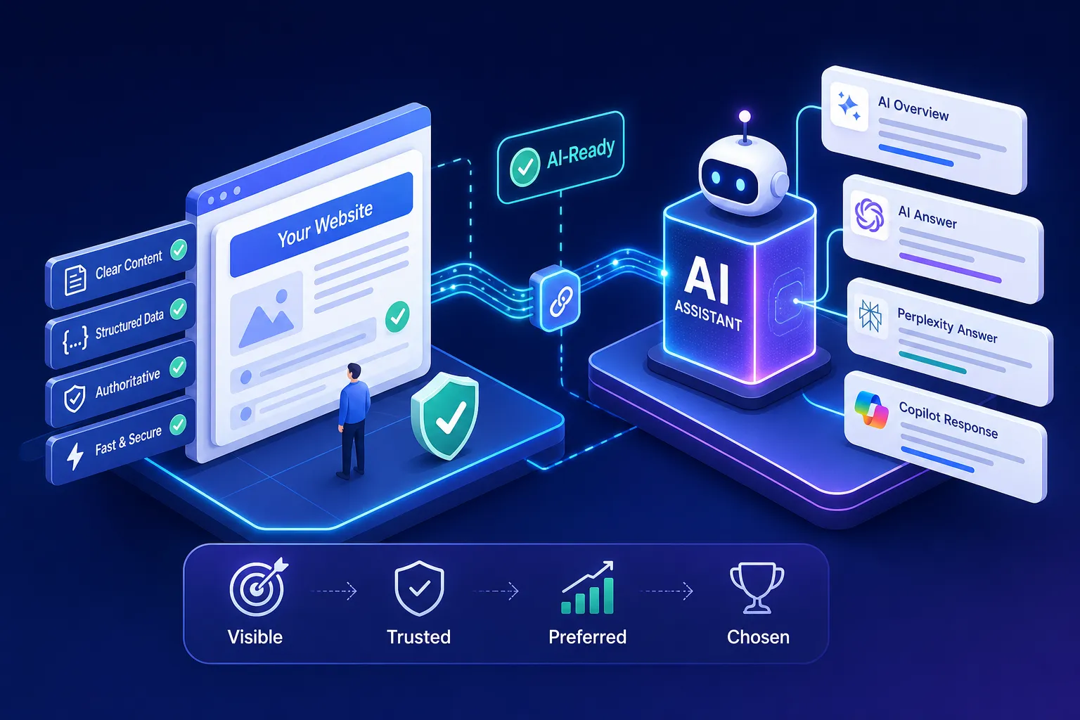 Futuristic AI assistant platform: a website on the left connected to an AI cube on the right, with status badges and a 'Visible, Trusted, Preferred, Chosen' sequence.