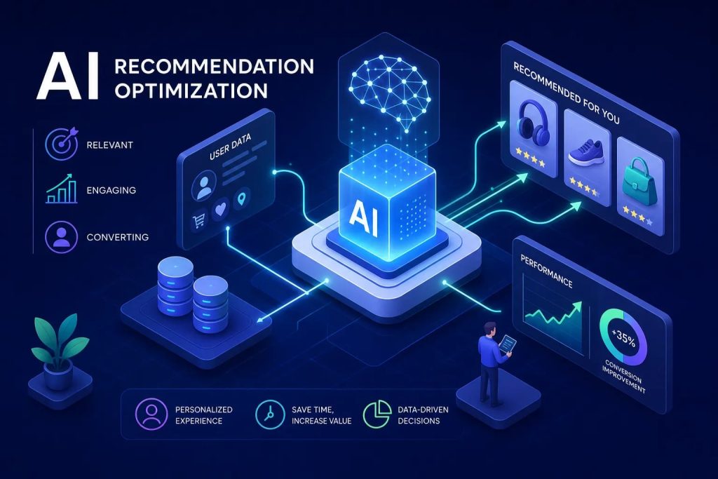 Isometric AI-powered recommendation optimization diagram showing data flows to personalized recommendations and dashboards.