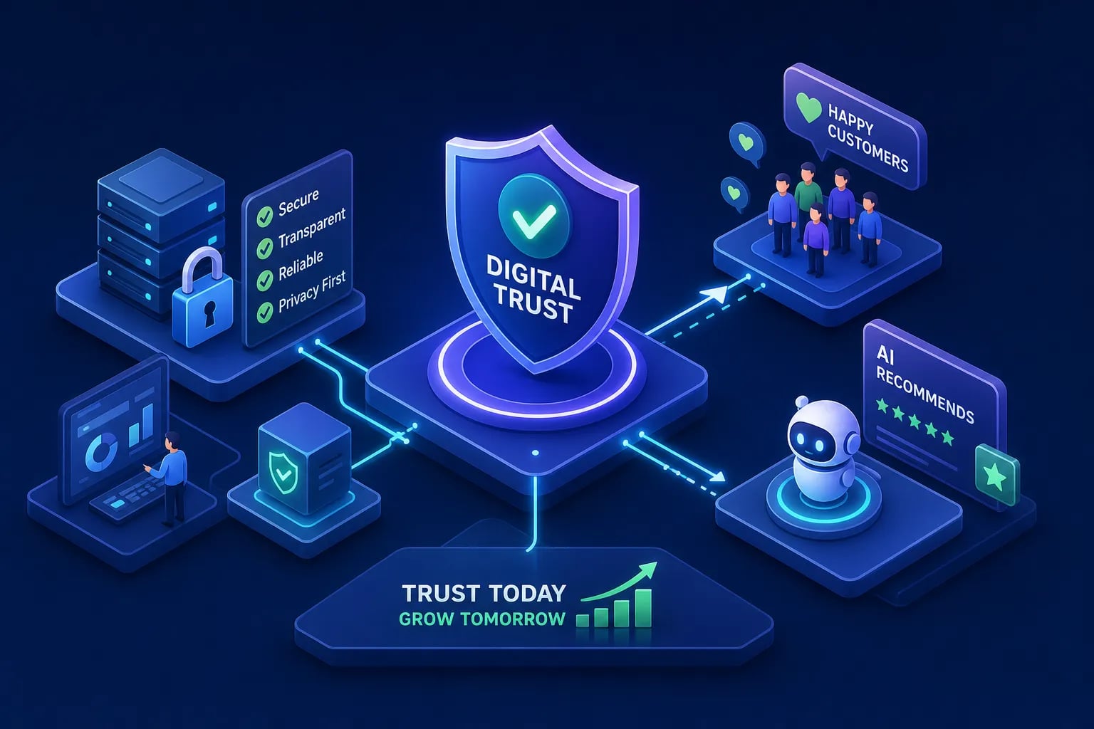 Central shield labeled 'Digital Trust' sits on a glowing platform, linked to servers, a robot, and panels about security and happy customers.