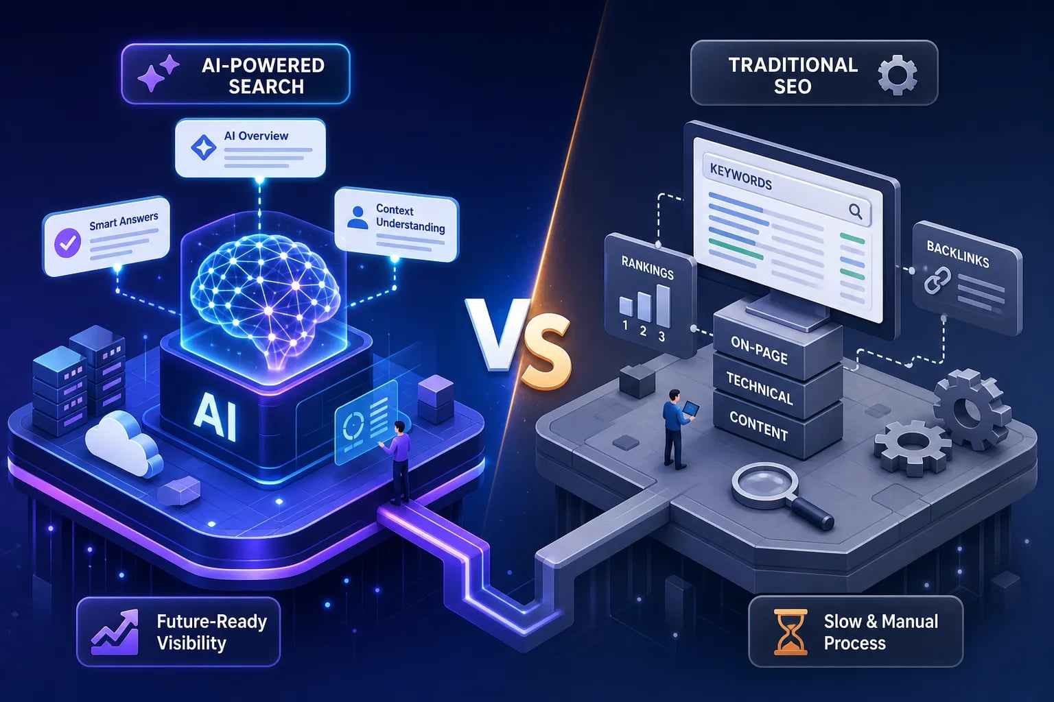 Split-screen: AI-powered search left with a glowing brain, vs traditional SEO right with keywords and on-page/technical/content blocks.