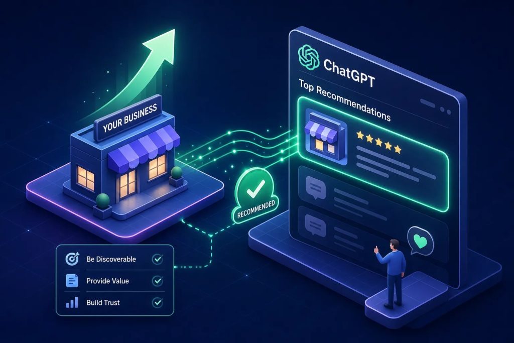 Bobby Christy | TW3 Marketing | Isometric business storefront connected to a ChatGPT dashboard showing Top Recommendations and a green 'RECOMMENDED' badge, signaling AI-driven growth.