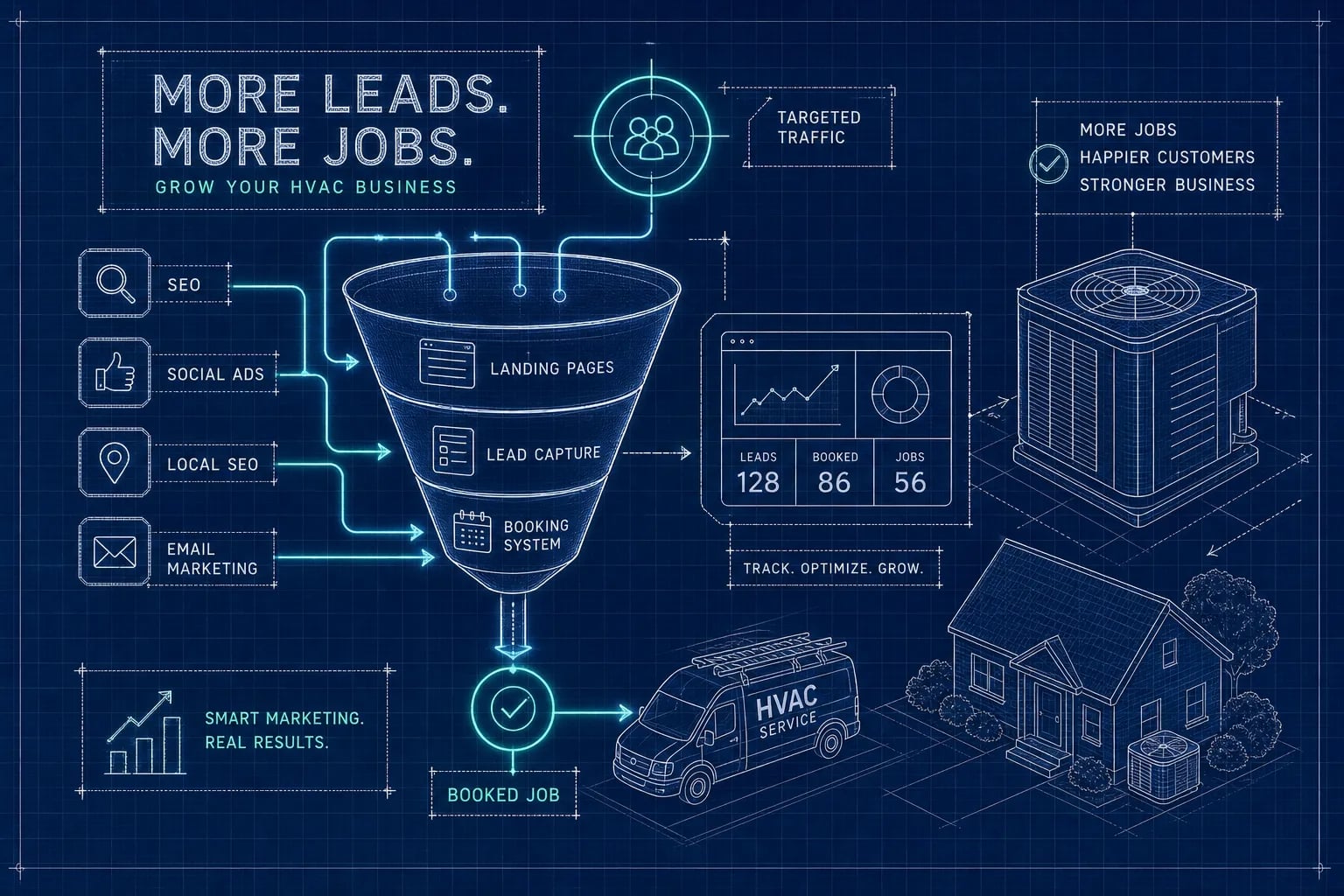 Blueprint-style infographic for HVAC marketing funnel: inputs (SEO, social ads, local SEO, email marketing) feed a funnel with landing pages, lead capture, and booking system, leading to a dashboard (leads, booked jobs, jobs) and a service van and house illustration.
