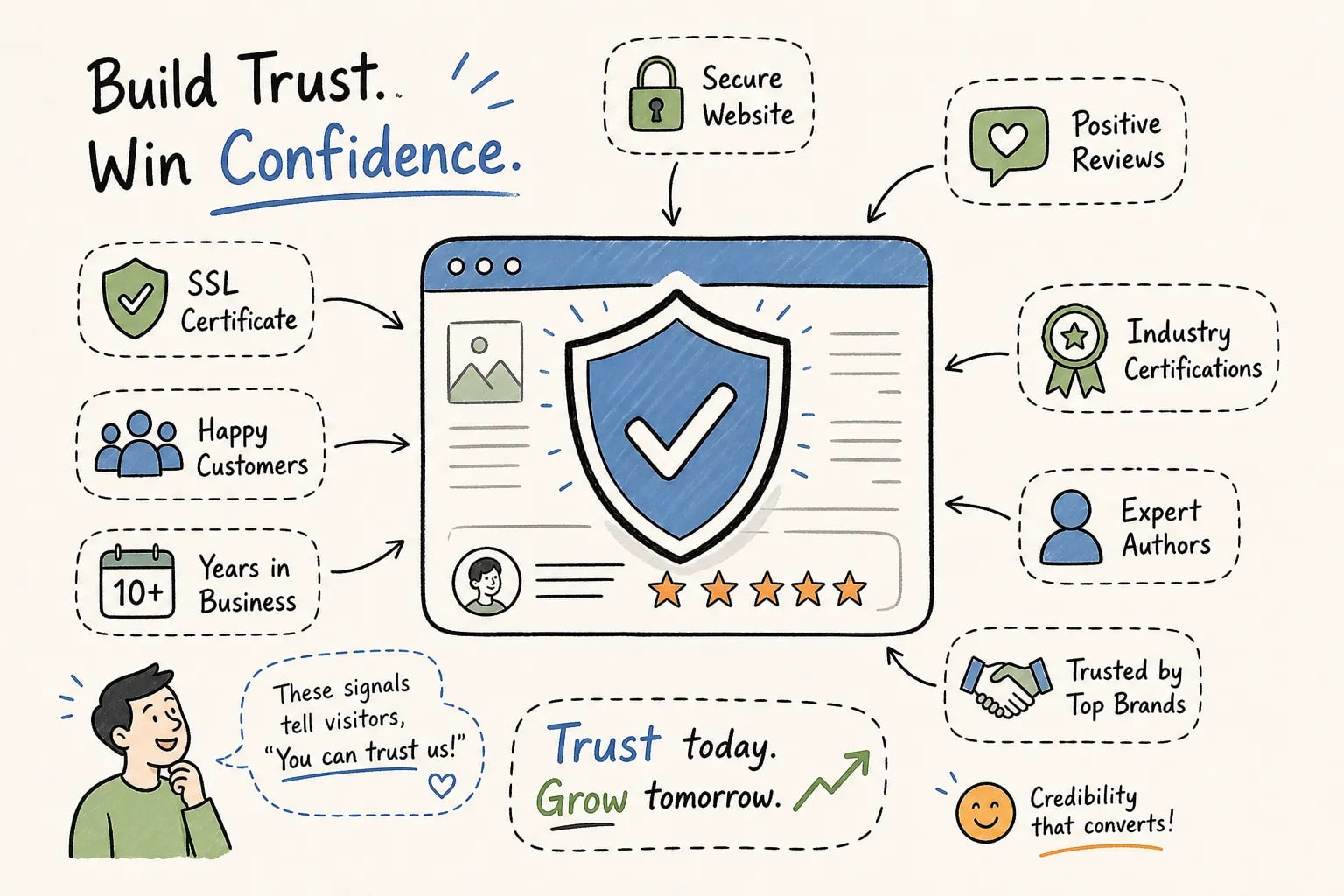 Website security infographic: central browser with shield and checkmark, surrounded by trust-building signals like SSL, reviews, certifications, and years in business.