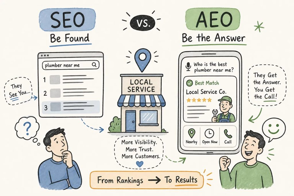 Bobby Christy | TW3 Marketing | Infographic comparing SEO (Be Found) and answer engine optimization (AEO) (Be the Answer) with a local shop, search results, and a smartphone listing the call-to-action buttons in a friendly style.