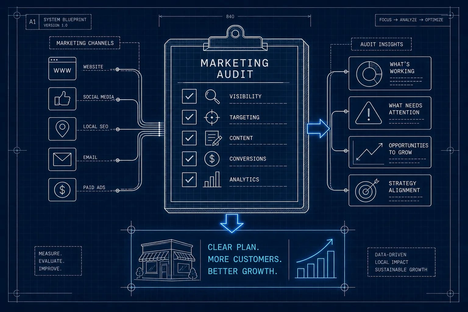 Marketing audit blueprint: left marketing channels, center checklist of visibility, targeting, content, analytics, right insights for growth, blueprint arrow to growth.