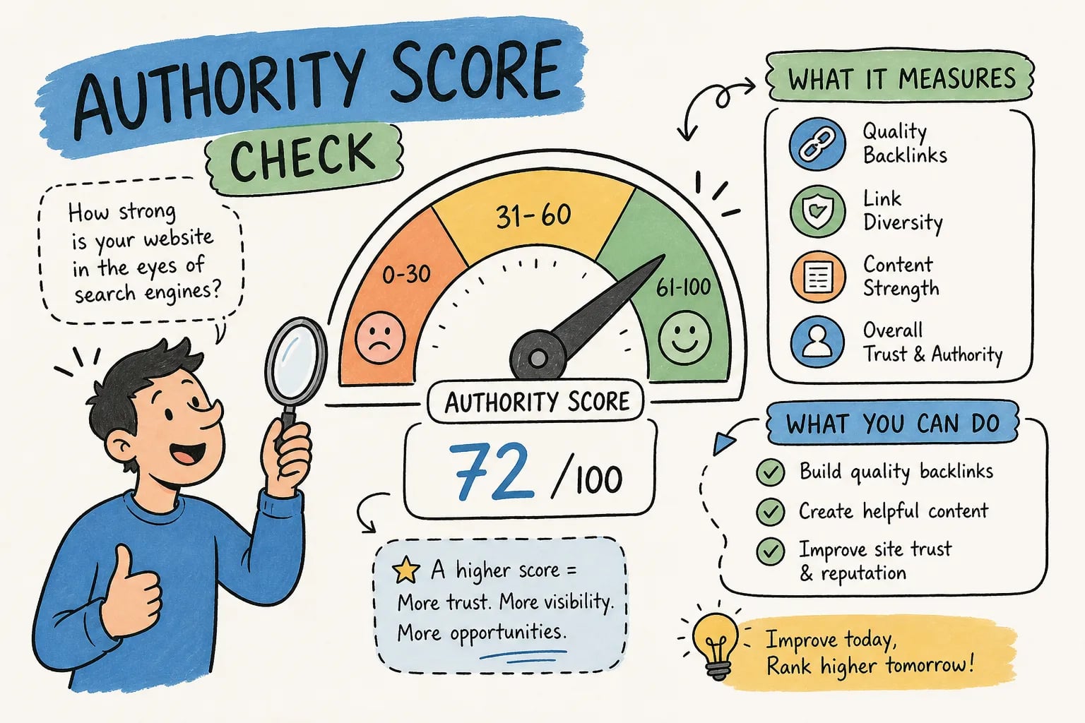 Authority score check metrics and improvement priorities