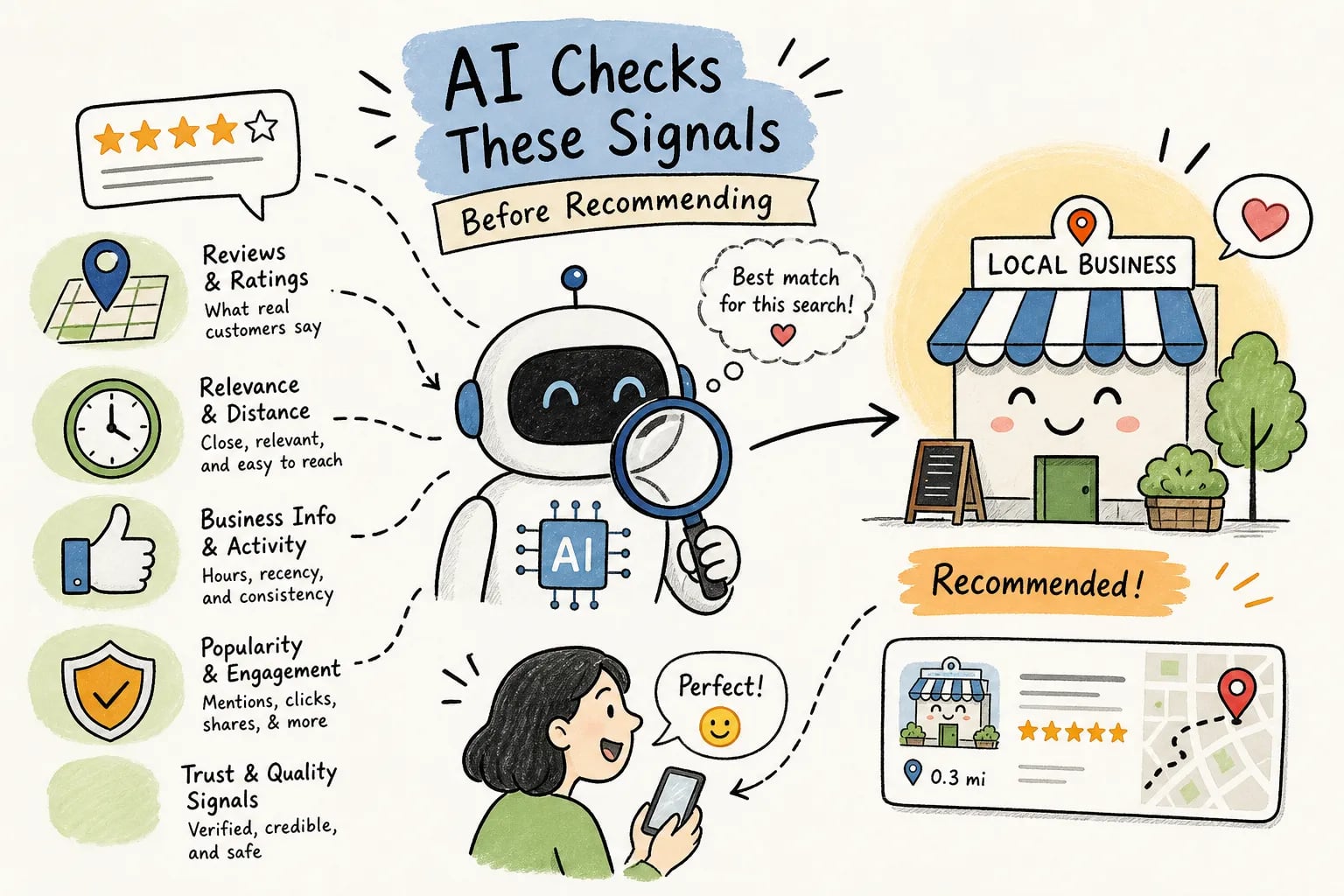 AI trust signals checked before recommending a local business